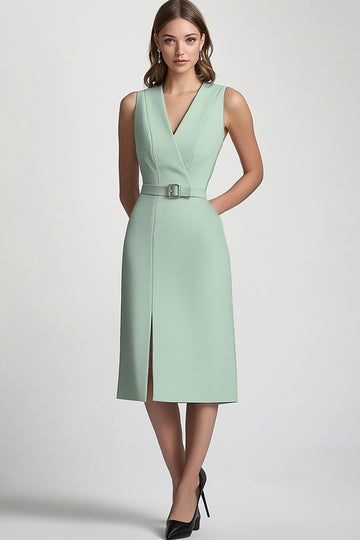 Green Sheath Midi Work Dress with Belt